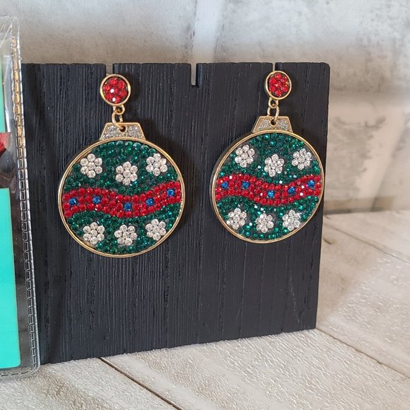 Christmas Bracelet and Ornament Earrings Blingy Sparkles Pierced Rustic Cuff - Picture 4 of 6